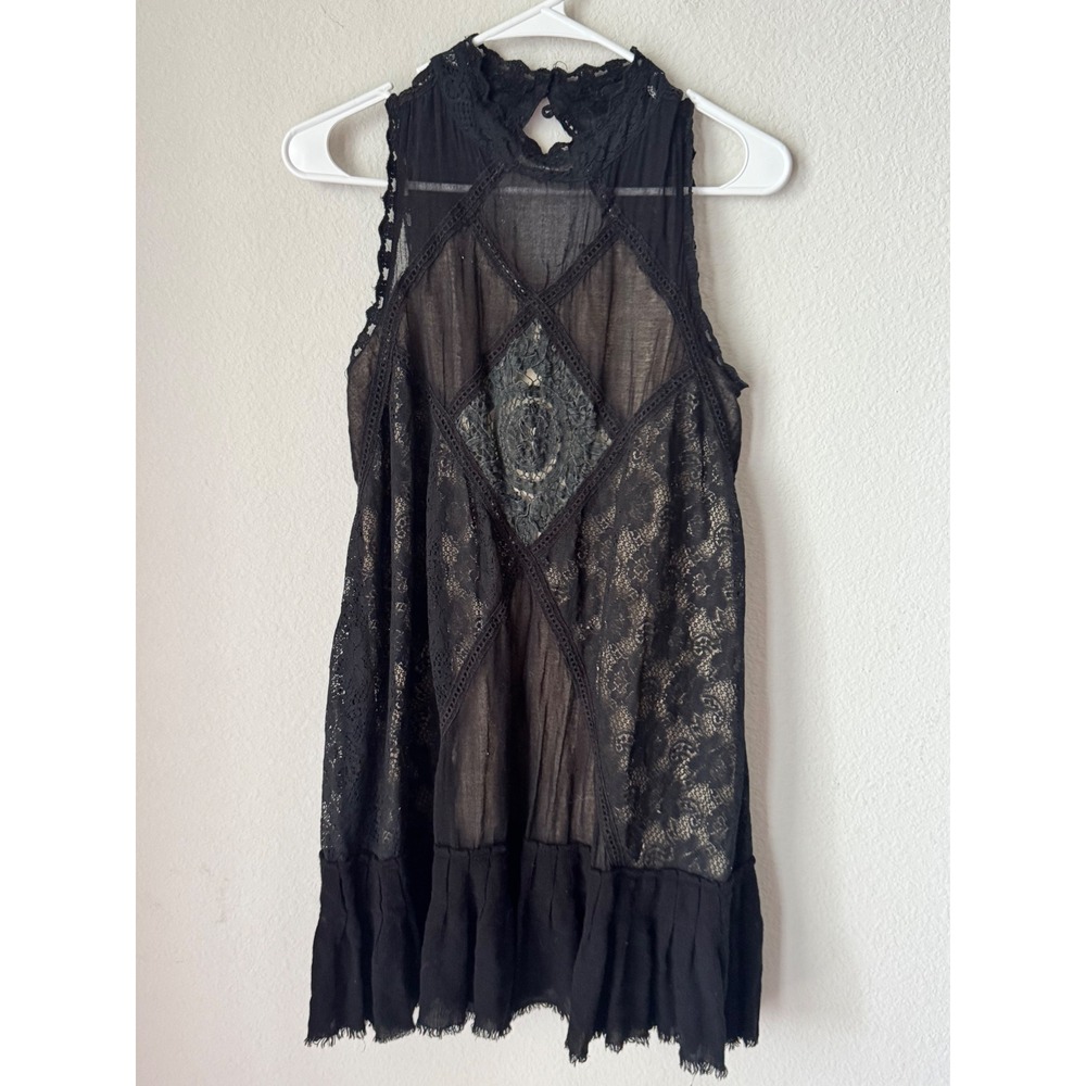 Free People Black Lace High Neck Sleeveless Mini Dress OB479564 Womens Size S